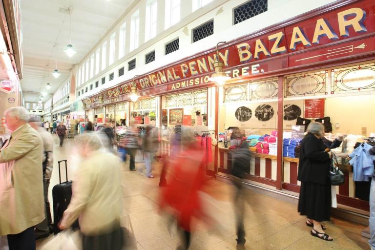 A long exposure shot of shoppers visiting the Marks and Spencer Penny Bazaar in Newcastle's Grainger Market